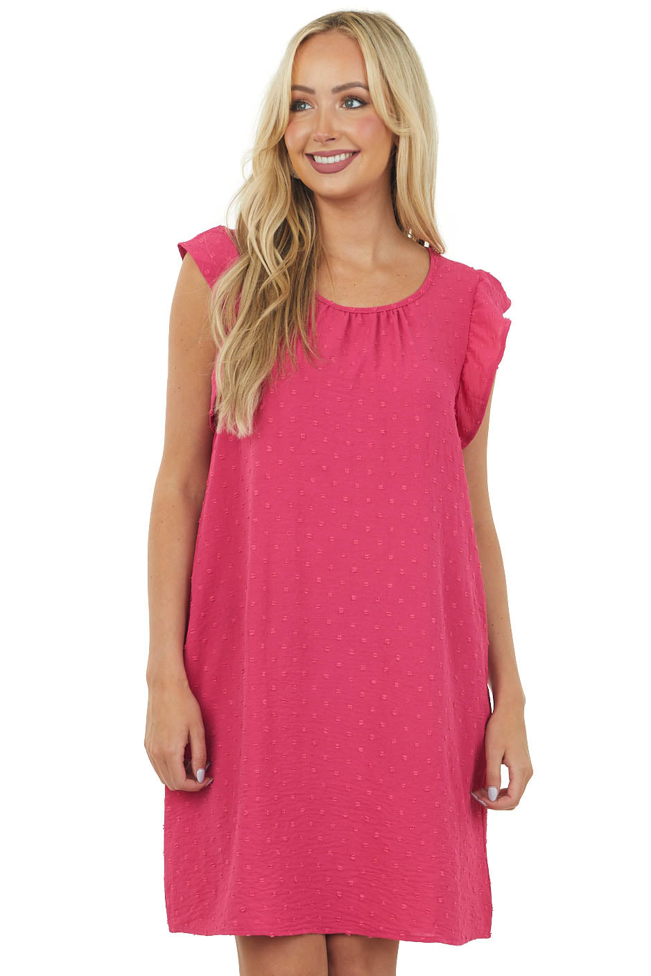 Hot Pink Ruffle Cap Sleeve Swiss Dot Dress