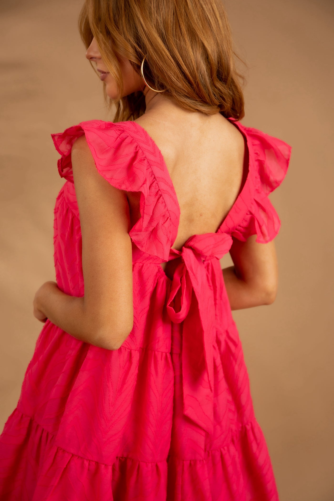 Hot Pink Textured Jacquard Babydoll Mini Dress