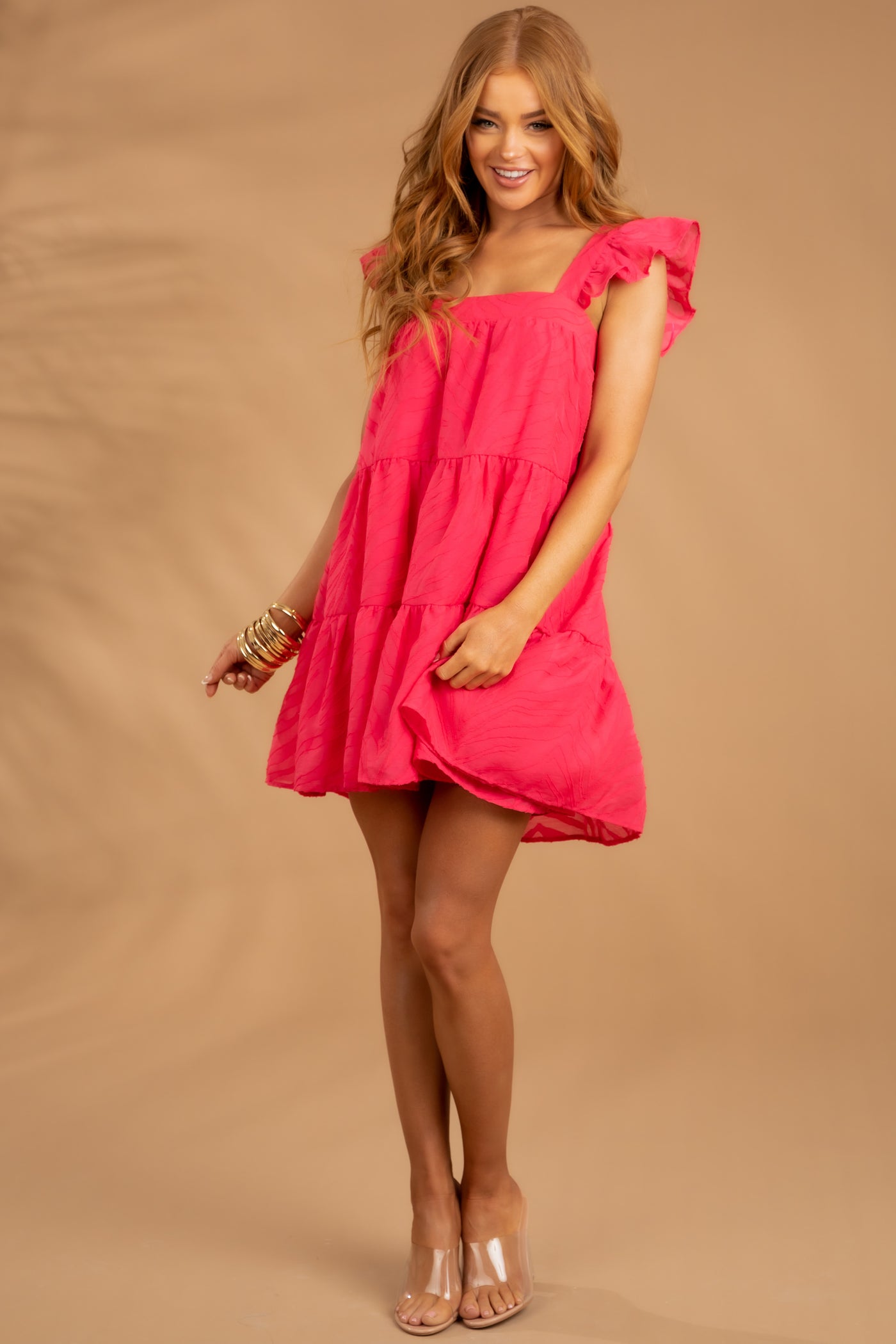 Hot Pink Textured Jacquard Babydoll Mini Dress