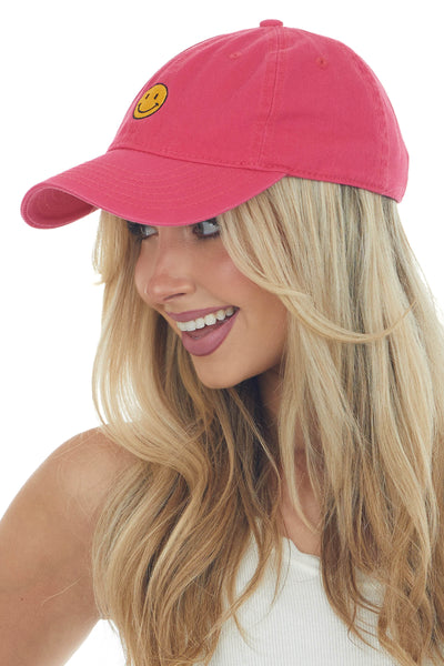 Hot Pink Smiley Face Embroidered Baseball Cap