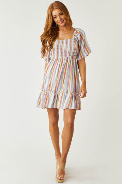 Indigo Multicolor Striped Babydoll Mini Dress