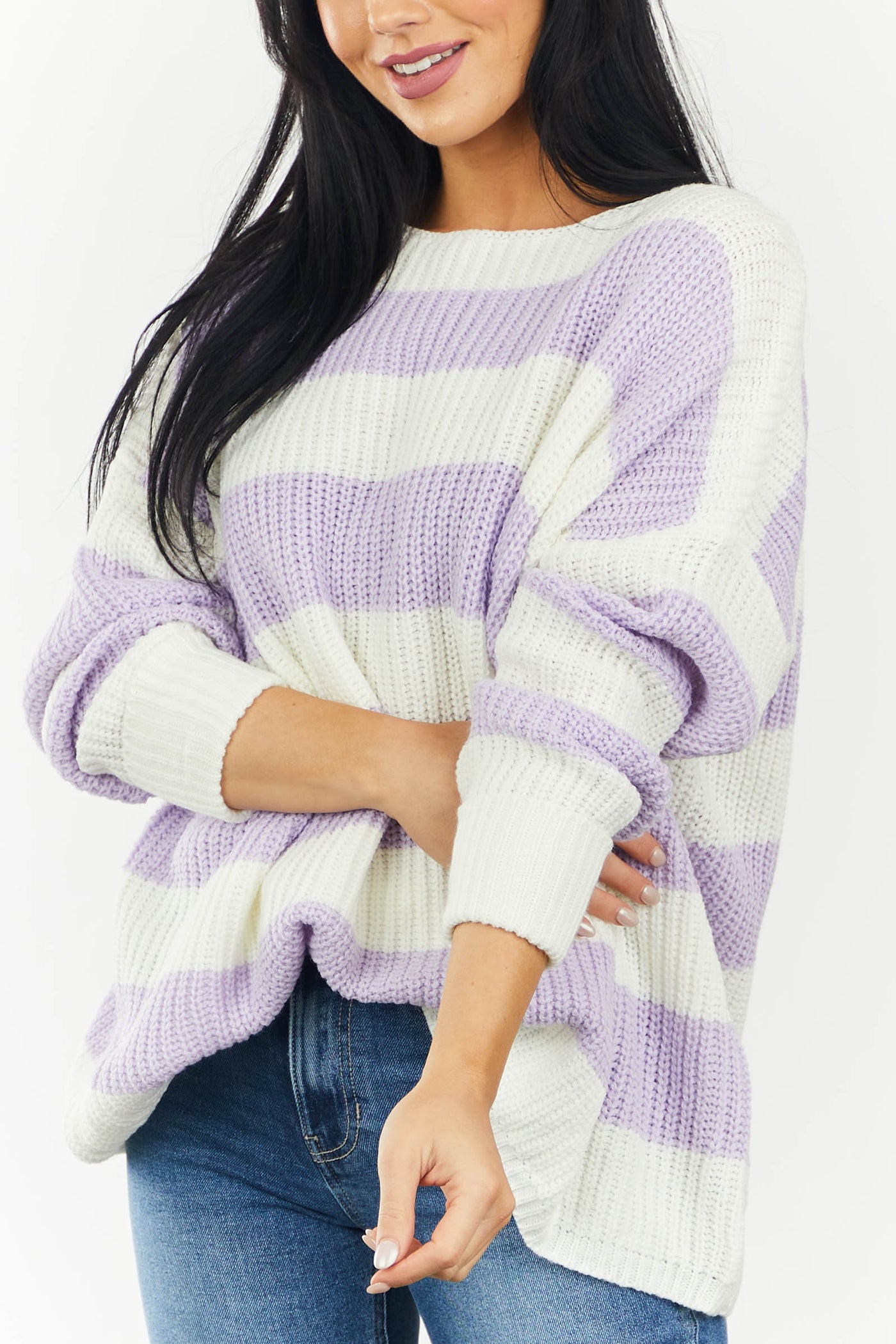 Iris Striped Long Sleeve Ribbed Sweater with Cuff Detail