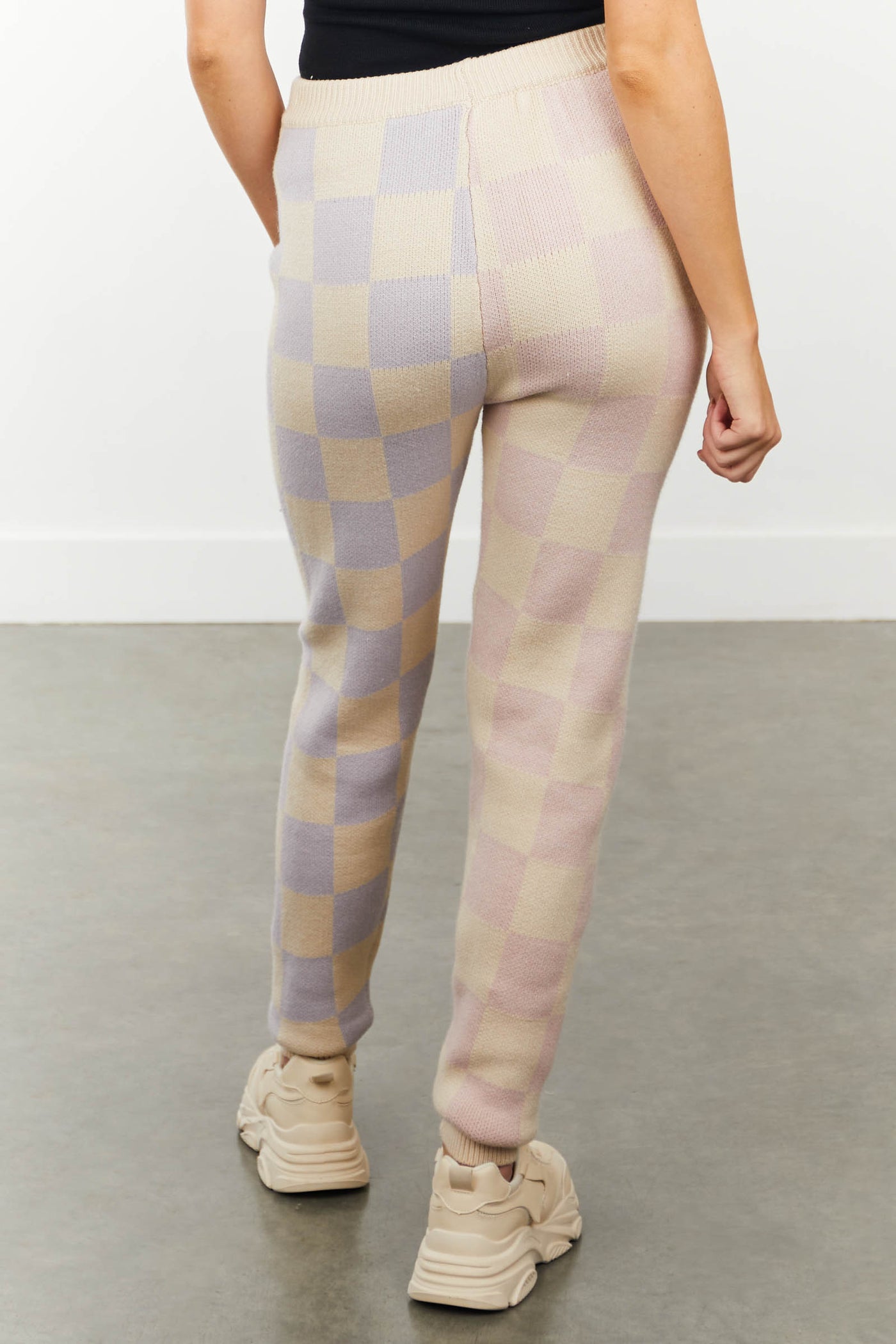 Iris and Dusty Pink Checkered Print Knit Joggers