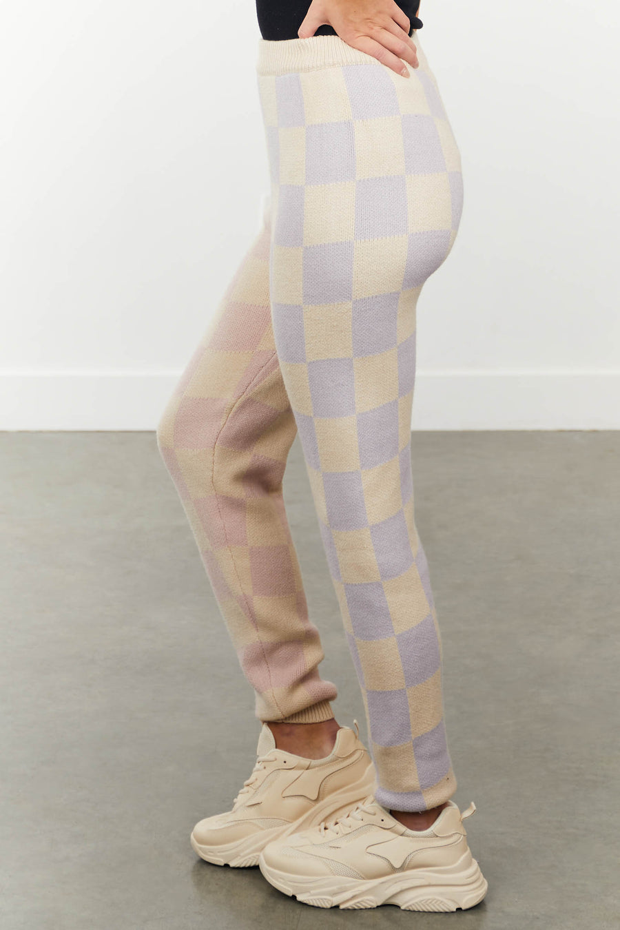 Iris and Dusty Pink Checkered Print Knit Joggers