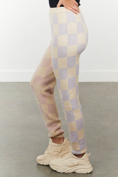 Iris and Dusty Pink Checkered Print Knit Joggers