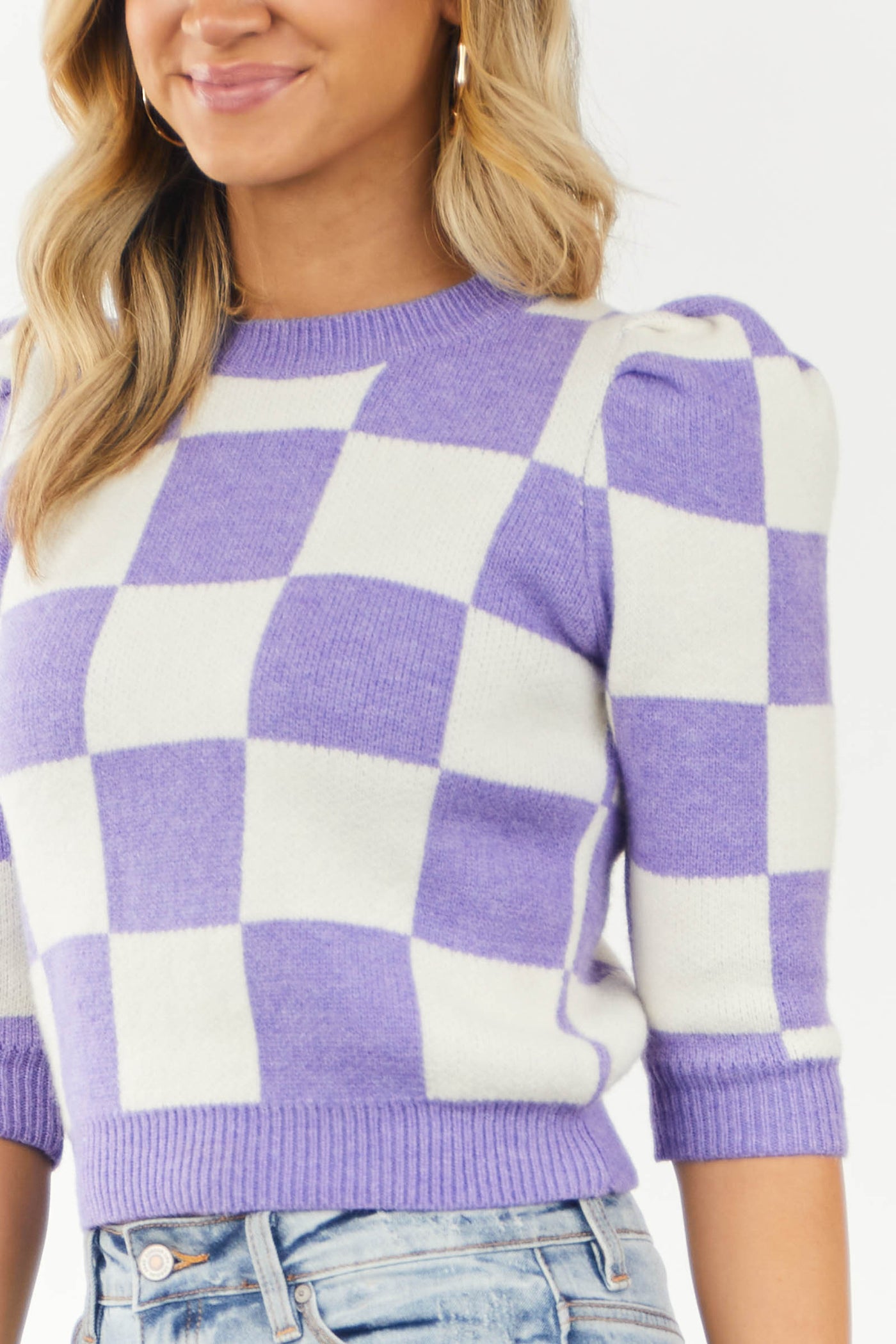 Iris and Ivory Checkered Puff Sleeve Sweater