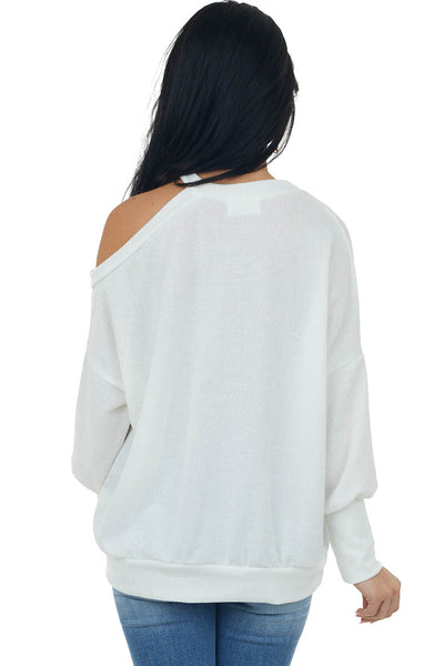Ivory Cold Shoulder Fuzzy Banded Sweater