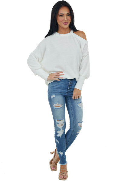 Ivory Cold Shoulder Fuzzy Banded Sweater