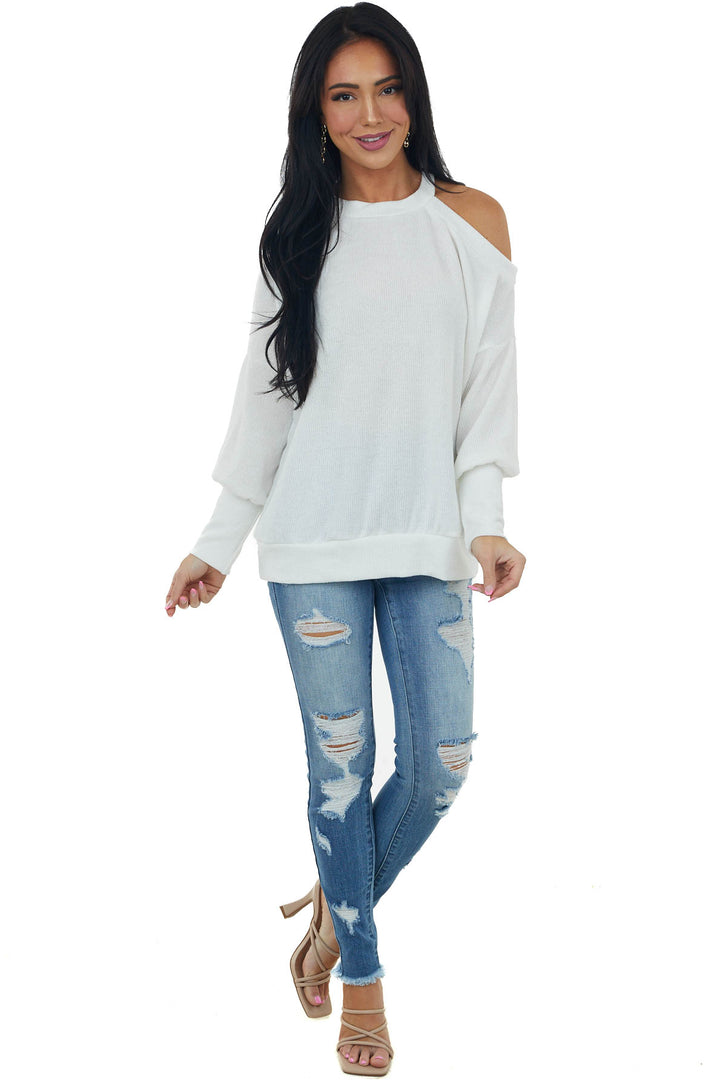 Ivory Cold Shoulder Fuzzy Banded Sweater