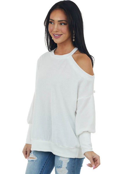 Ivory Cold Shoulder Fuzzy Banded Sweater