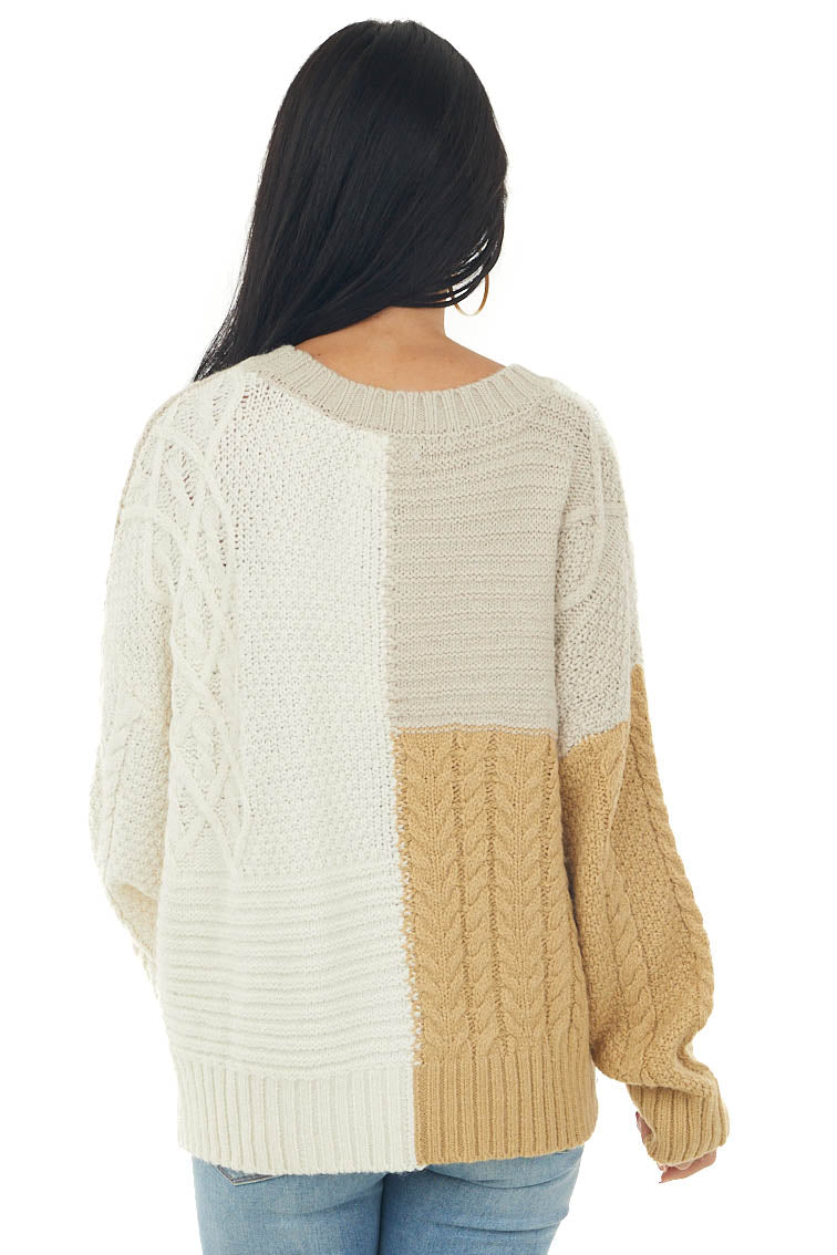 Ivory Colorblock Loose Cozy Cable Knit Sweater