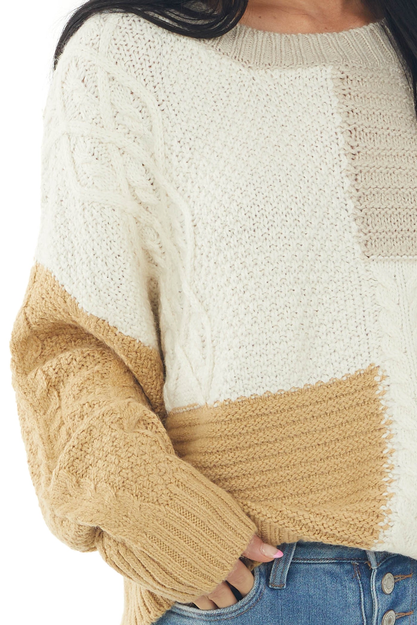 Ivory Colorblock Loose Cozy Cable Knit Sweater