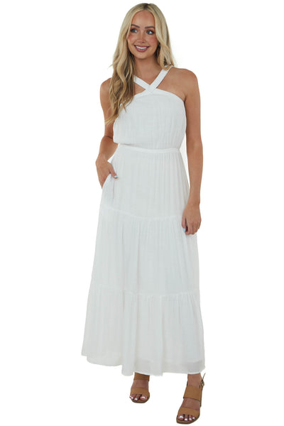 Ivory Elastic Halter Neck Tiered Maxi Dress