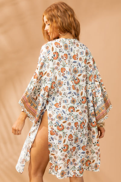 Ivory Floral Open Front Kimono with Side Slits