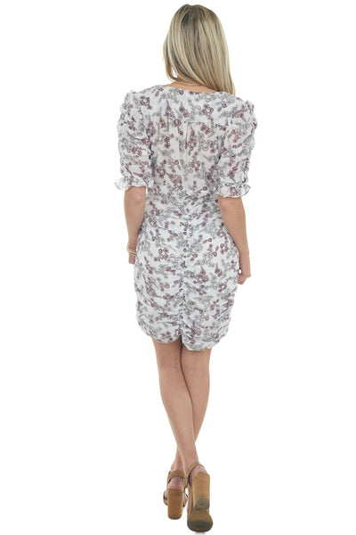 Ivory Floral Print Plunging Neck Bodycon Dress