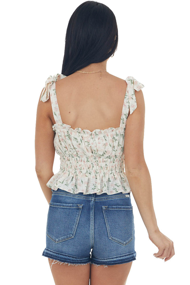 Ivory Floral Print Tie Strap Cropped Tank Top