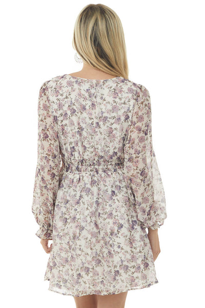 Ivory Floral V Neck Bubble Sleeve Woven Dress