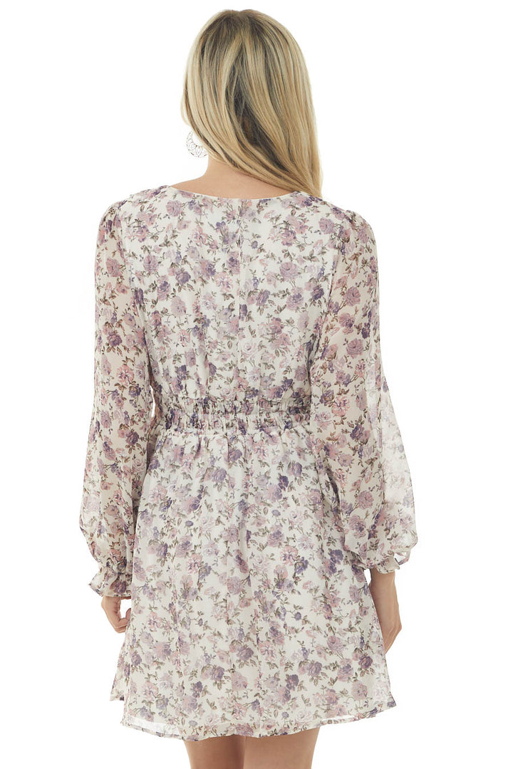 Ivory Floral V Neck Bubble Sleeve Woven Dress