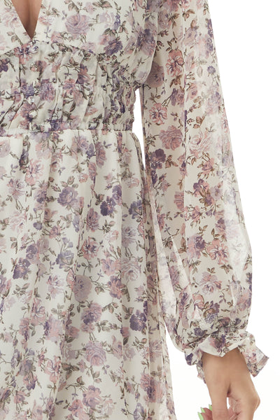 Ivory Floral V Neck Bubble Sleeve Woven Dress