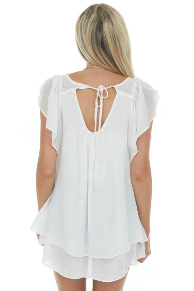 Ivory Flutter Sleeve Back Tie Ruffle Blouse