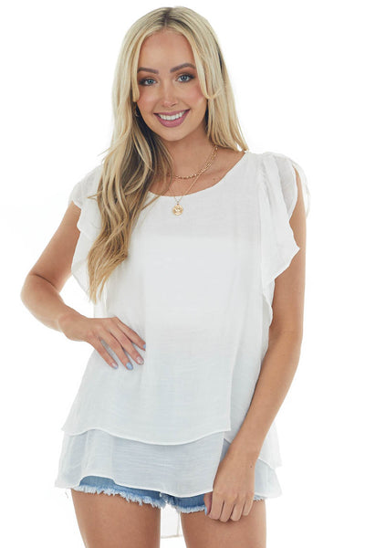Ivory Flutter Sleeve Back Tie Ruffle Blouse