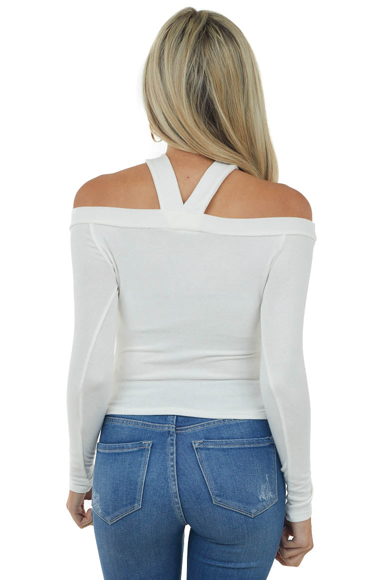 Ivory Halter Neck Long Sleeve Crop Top with Cold Shoulders