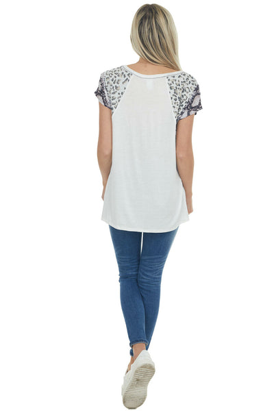 Ivory Knit Top with Multiprint Sleeves and Embroidery