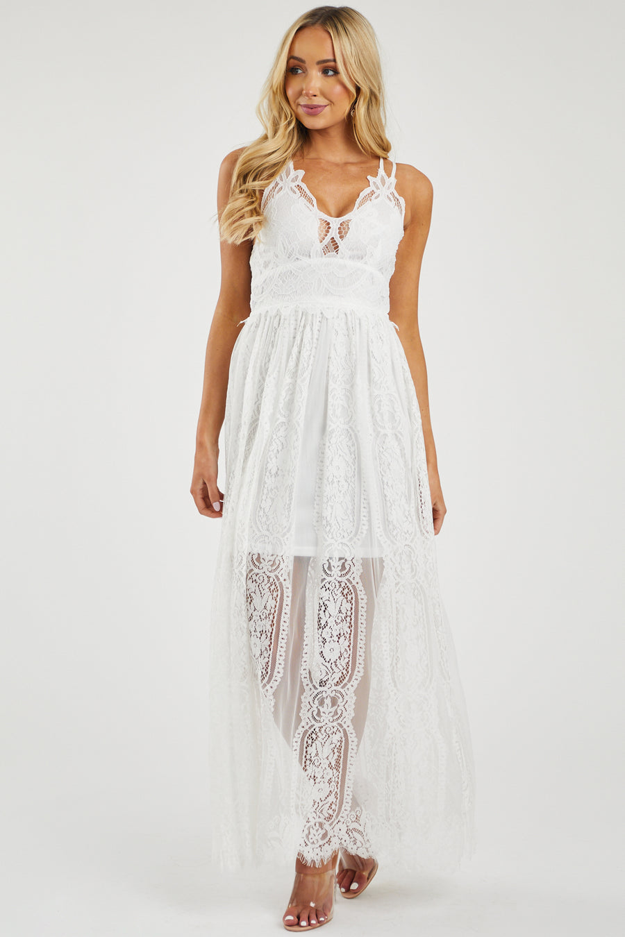 Ivory Lace Maxi Overlay Sleeveless Dress with Plunging Neck