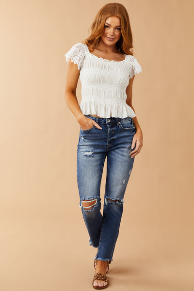 Ivory Lace Square Neck Smocked Woven Top