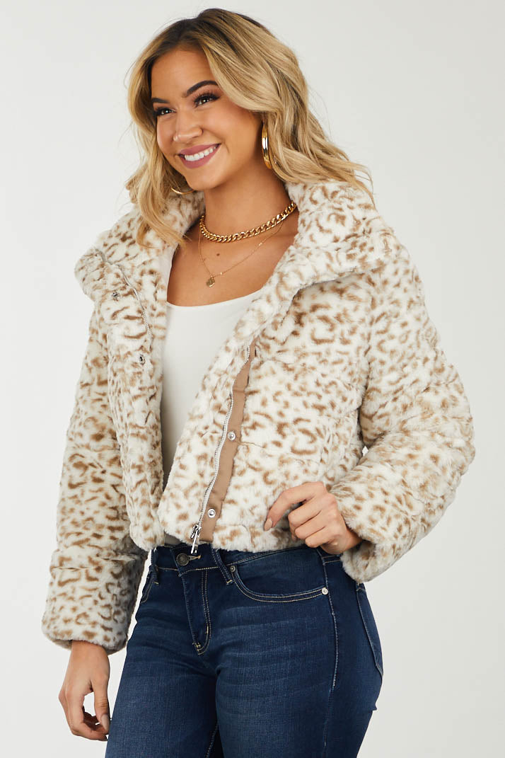 Ivory Leopard Print Faux Fur Cropped Jacket