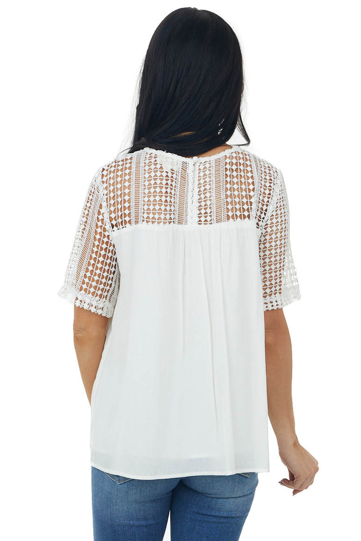 Ivory Open Lace Contrast Short Sleeve Blouse