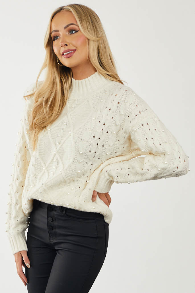 Ivory Pearl Beaded Cable Knit Sweater