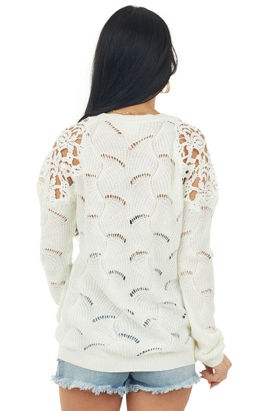 Ivory Pointelle Lace Shoulder Sweater