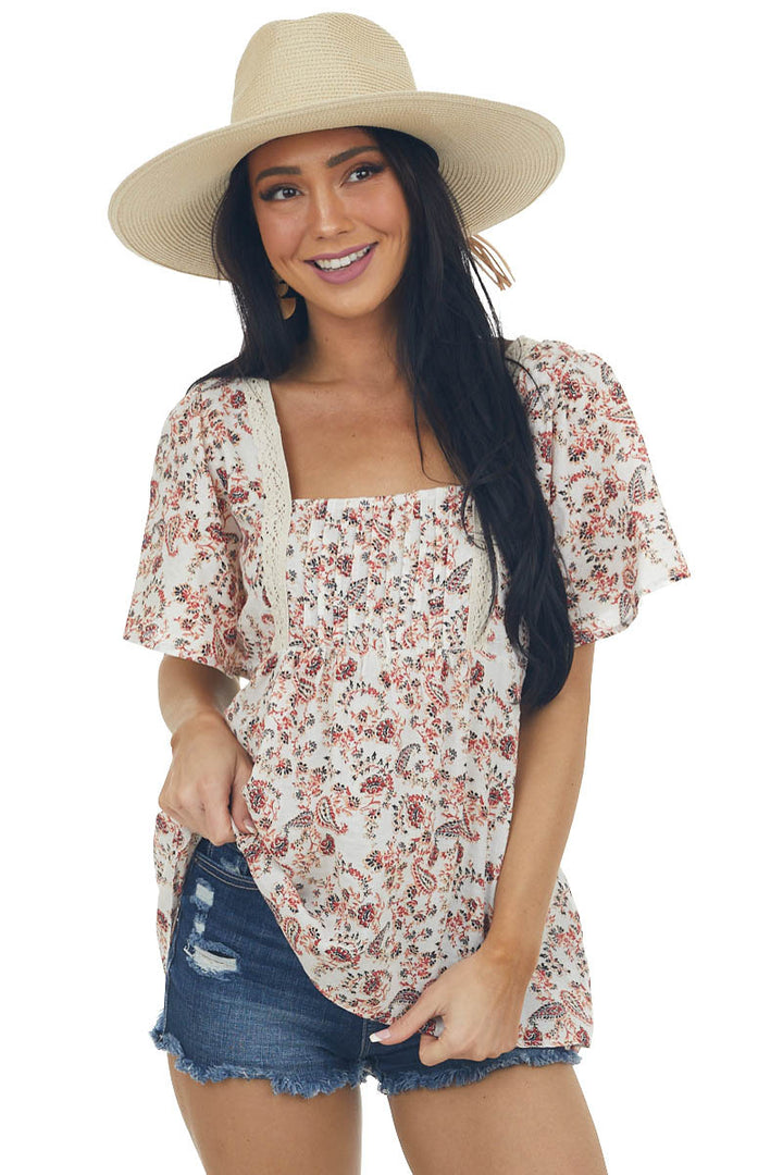Ivory Printed Babydoll Square Neck Blouse