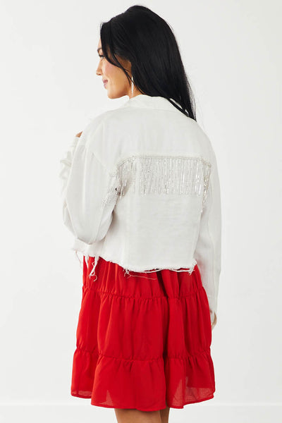 Ivory Rhinestone Detail Frayed Hem Jacket