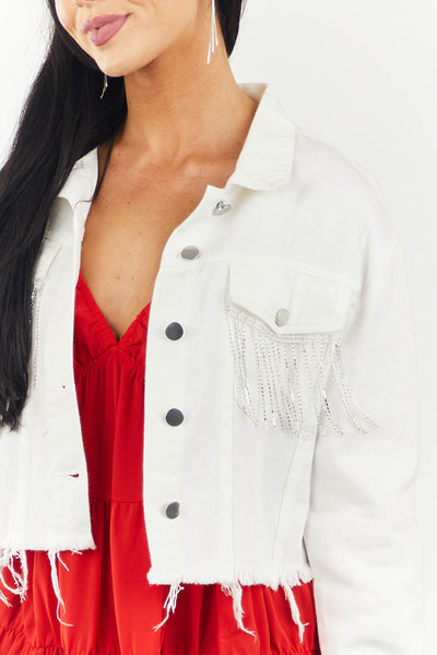 Ivory Rhinestone Detail Frayed Hem Jacket