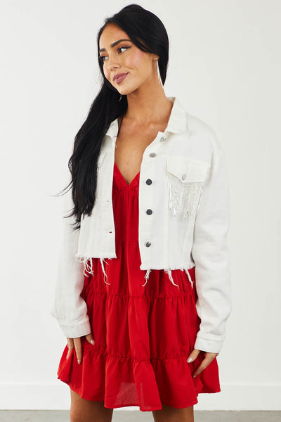 Ivory Rhinestone Detail Frayed Hem Jacket