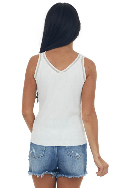 Ivory Ribbed V Neck Tank Top with Mesh Trim