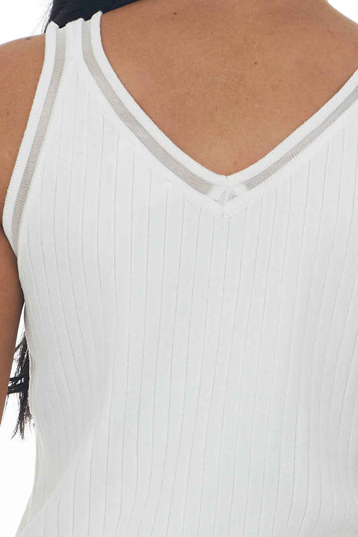 Ivory Ribbed V Neck Tank Top with Mesh Trim