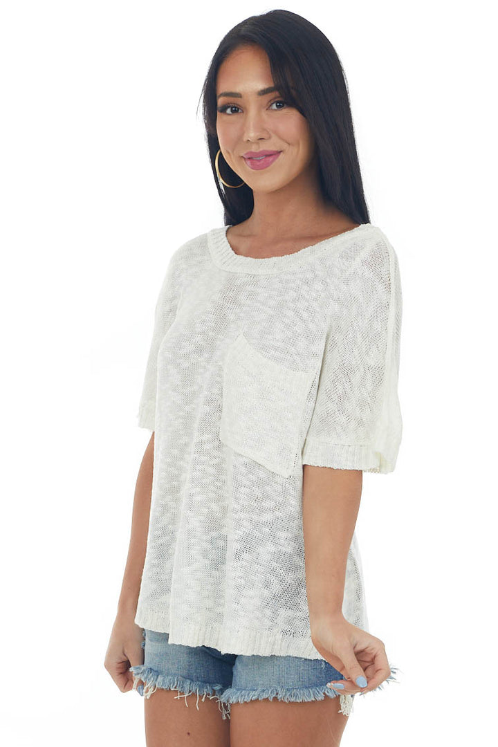 Ivory Short Sleeve Sweater Knit Chest Pocket Top