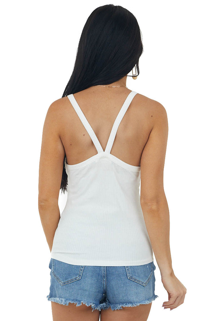 Ivory V Neck Stretchy Ribbed Fitted Tank Top
