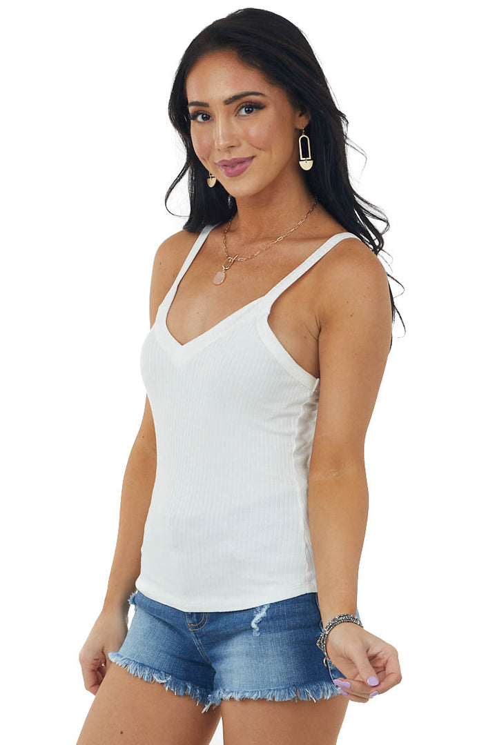 Ivory V Neck Stretchy Ribbed Fitted Tank Top