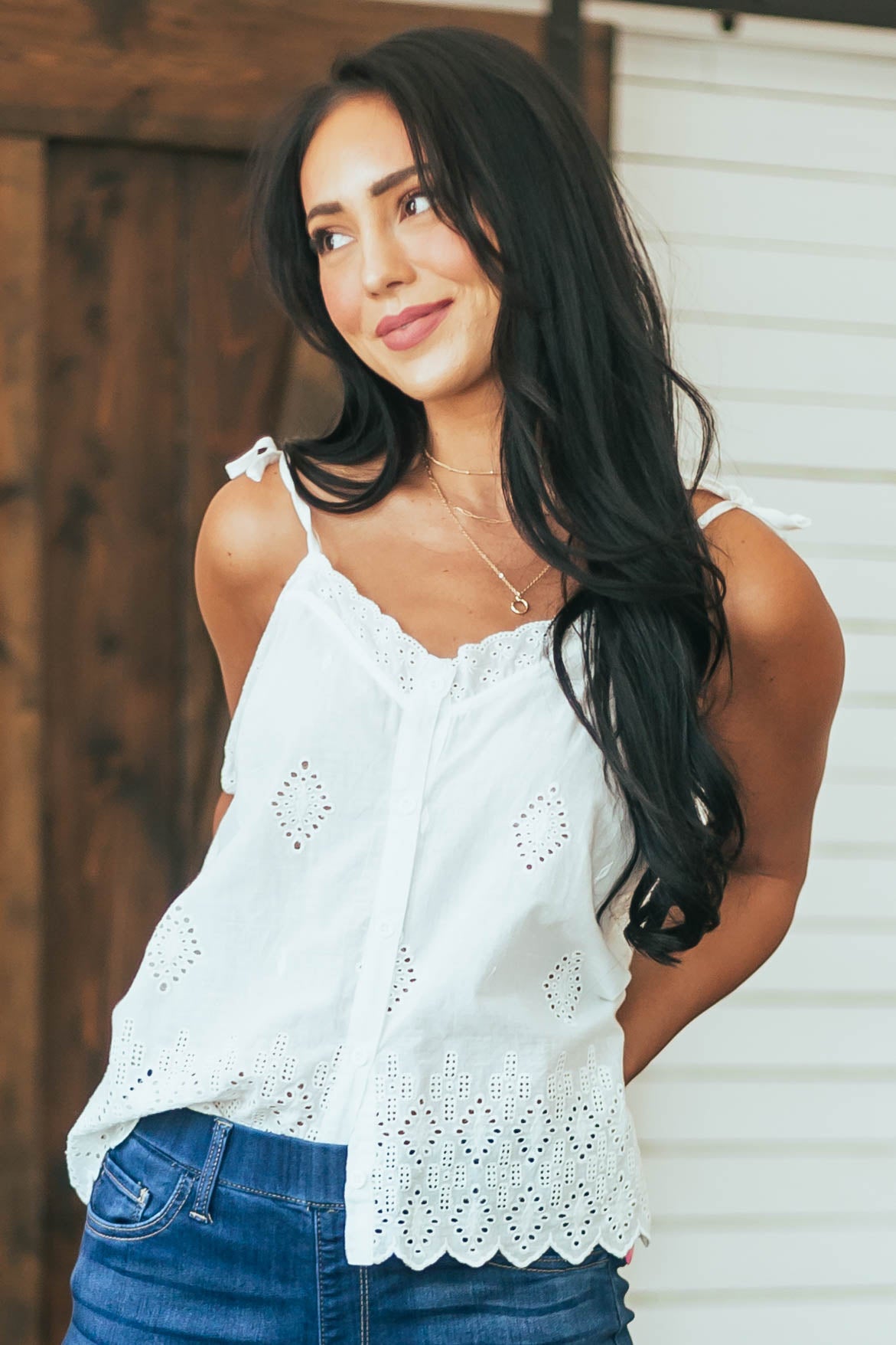 Ivory Eyelet Lace Button Up Tie Strap Cami Top
