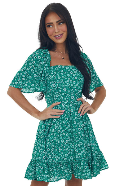 Jade Floral Open Back Bell Sleeve Short Dress