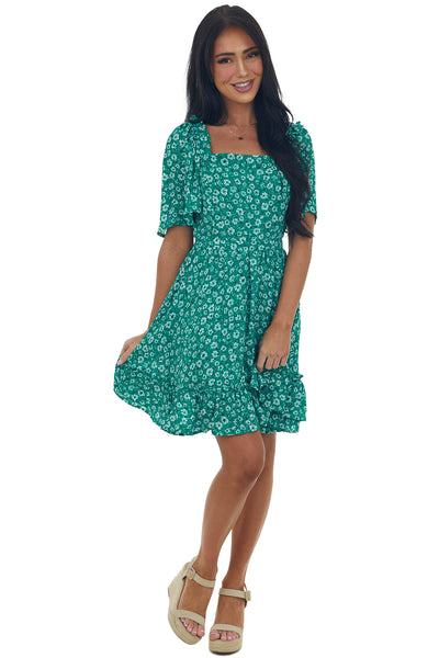 Jade Floral Open Back Bell Sleeve Short Dress