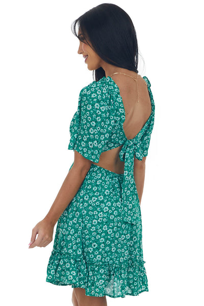 Jade Floral Open Back Bell Sleeve Short Dress
