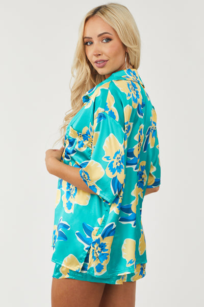 Jade Floral Satin Shirt and Shorts 3 Piece Set