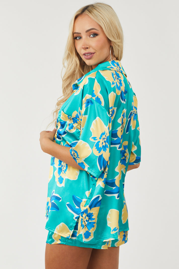 Jade Floral Satin Shirt and Shorts 3 Piece Set