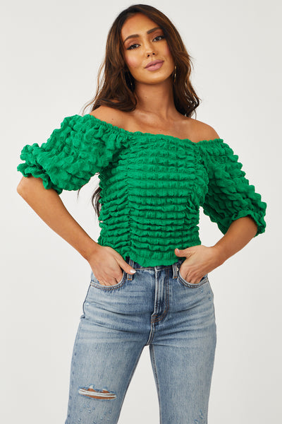 Jade Green Square Neck Puffy Textured Blouse