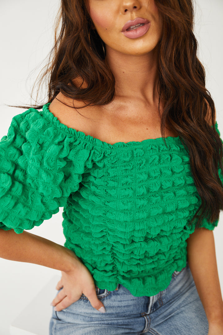 Jade Green Square Neck Puffy Textured Blouse